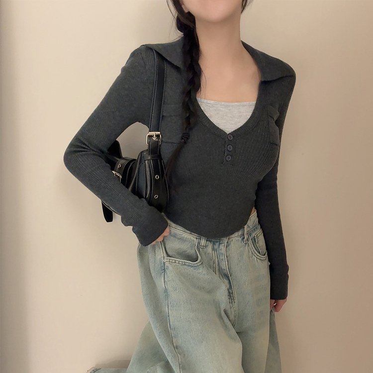 ボタンスリムレイヤードニット(5color) CHARCOAL