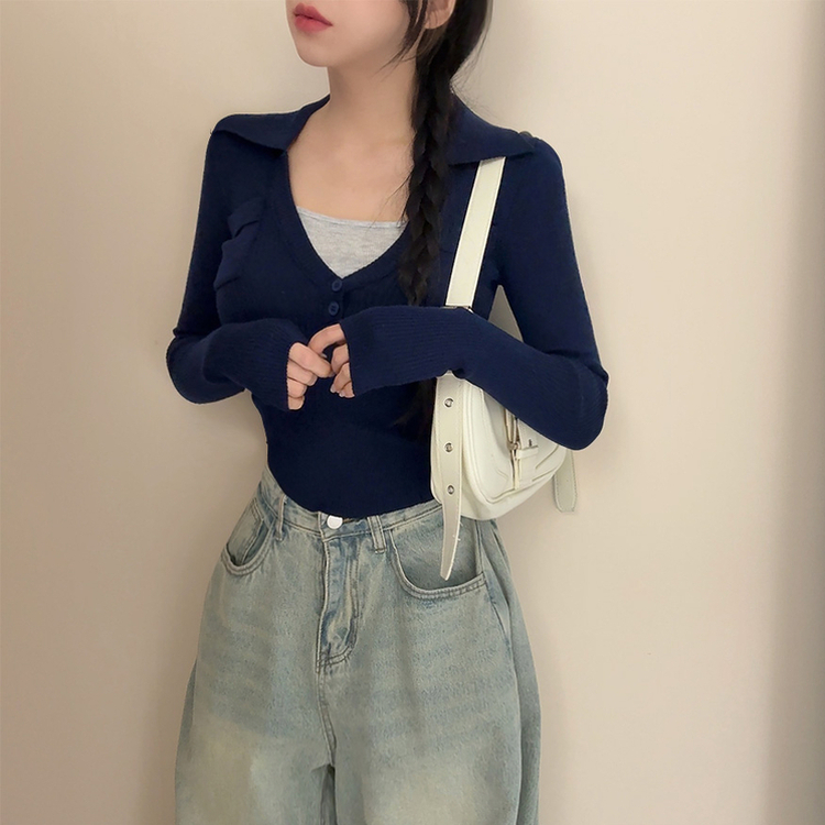 ボタンスリムレイヤードニット(5color) NAVY