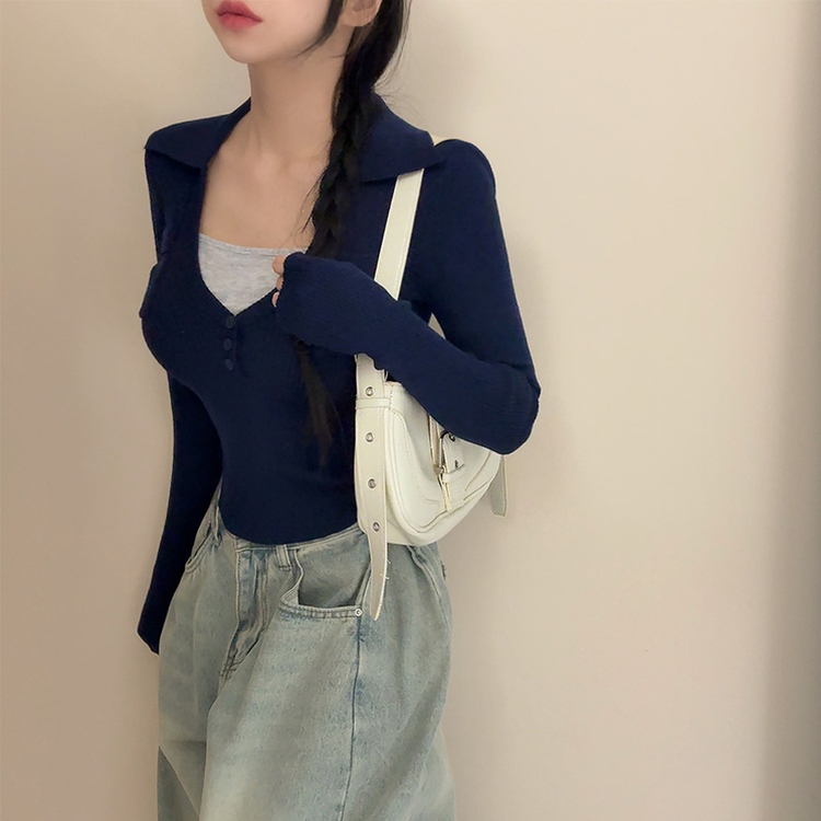 ボタンスリムレイヤードニット(5color) NAVY