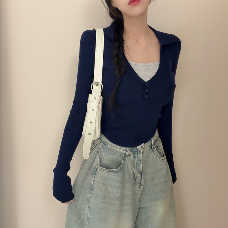 ボタンスリムレイヤードニット(5color) NAVY