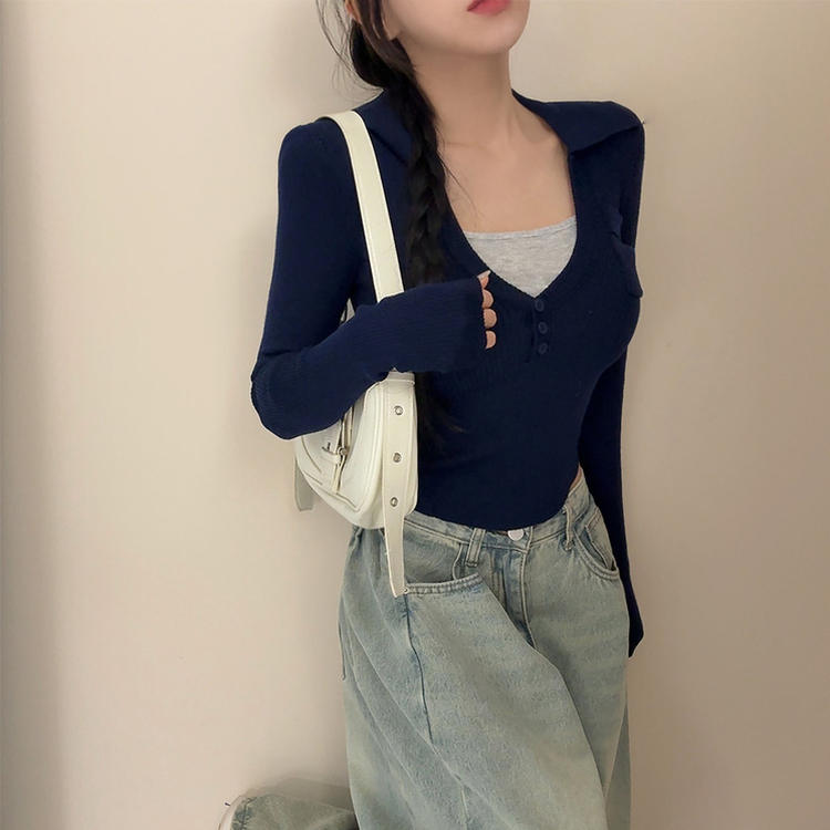 ボタンスリムレイヤードニット(5color) NAVY