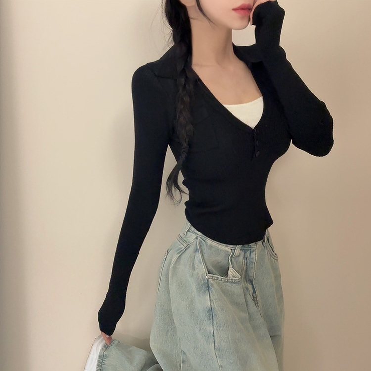 ボタンスリムレイヤードニット(5color) BLACK