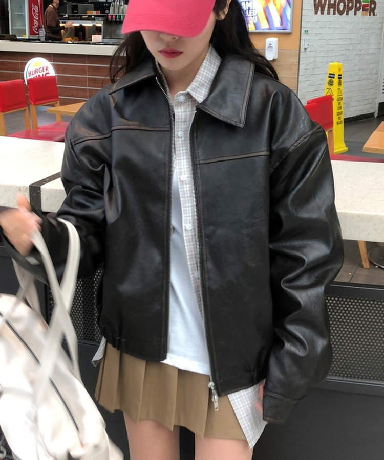 フェイクレザーレザージャンパー BROWN