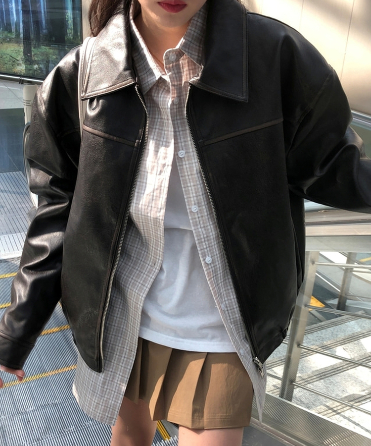フェイクレザーレザージャンパー BROWN