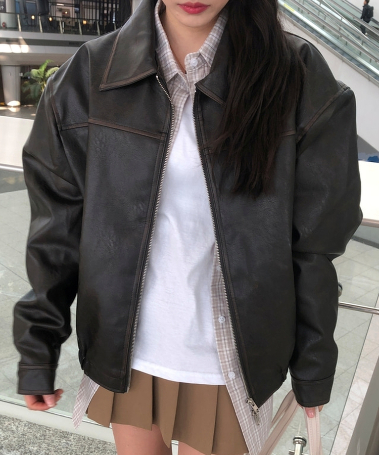フェイクレザーレザージャンパー BROWN