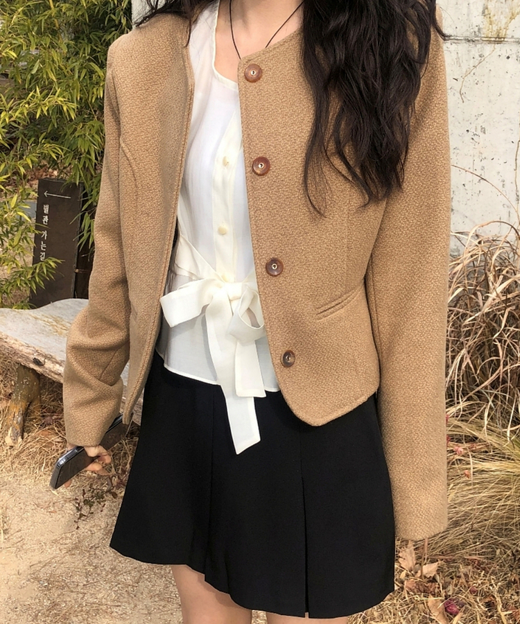 ノーカラークロップツイードジャケット BEIGE