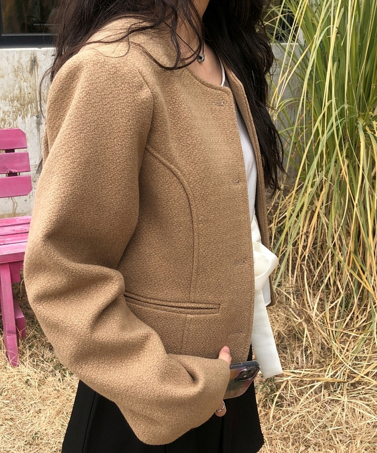 ノーカラークロップツイードジャケット BEIGE
