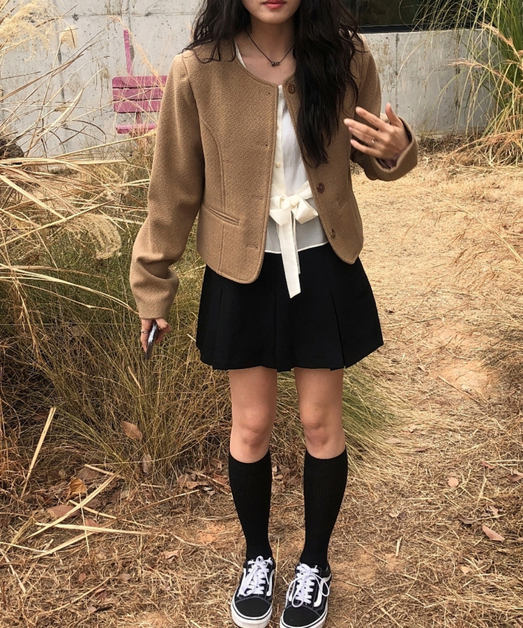 ノーカラークロップツイードジャケット BEIGE