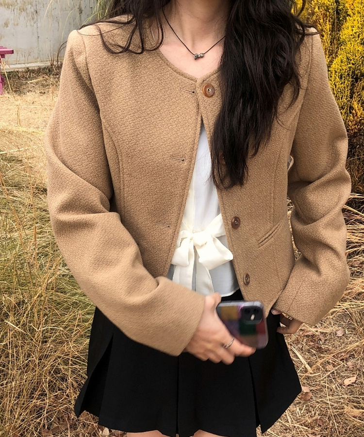 ノーカラークロップツイードジャケット BEIGE