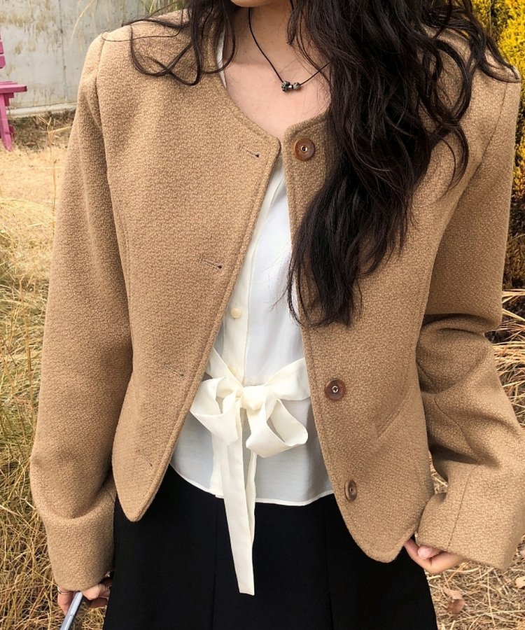 ノーカラークロップツイードジャケット BEIGE