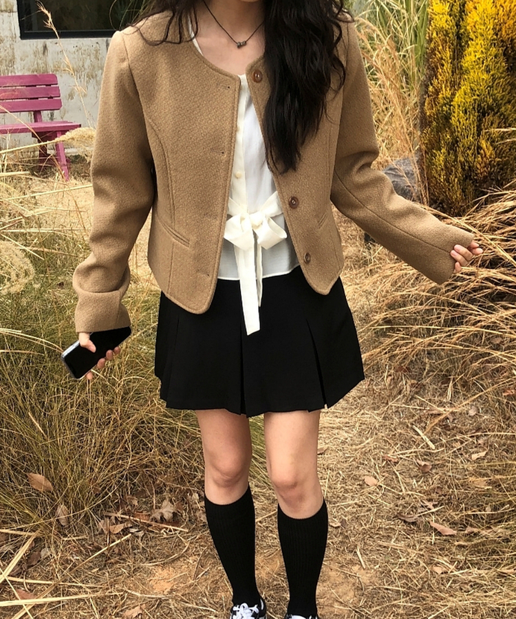 ノーカラークロップツイードジャケット BEIGE