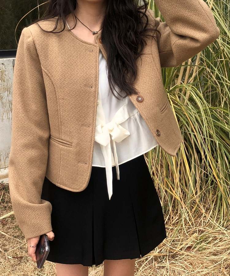 ノーカラークロップツイードジャケット BEIGE