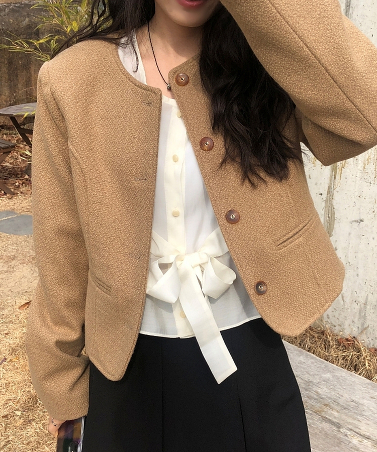 ノーカラークロップツイードジャケット BEIGE