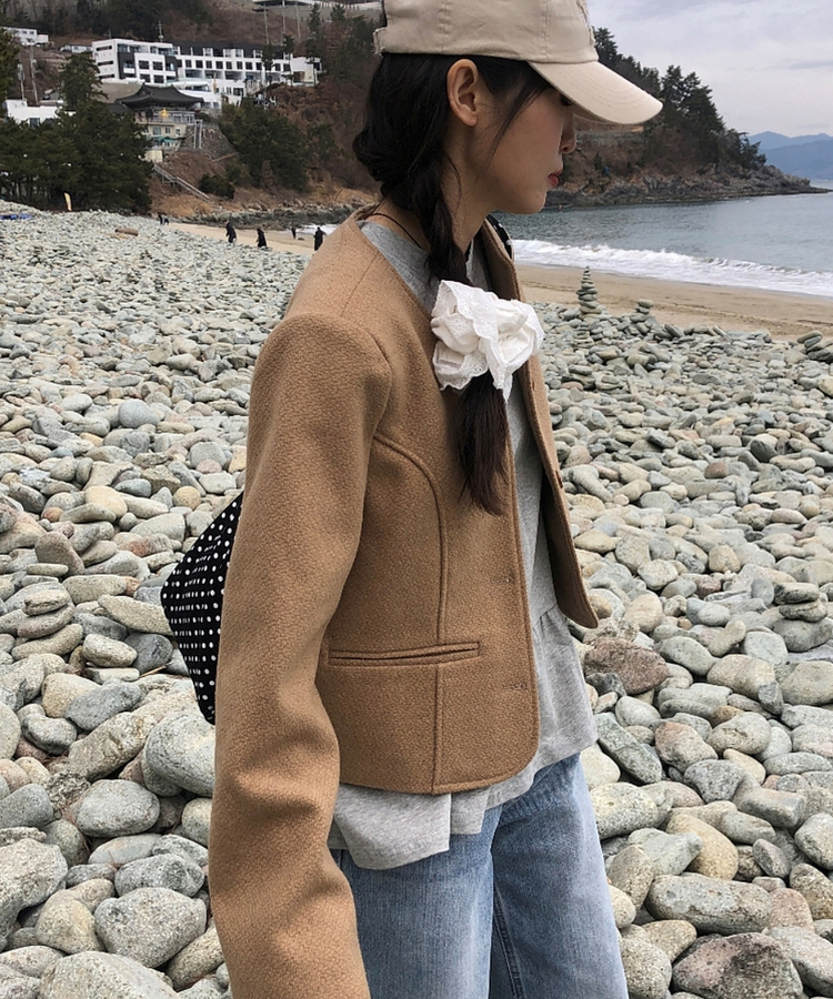 ノーカラークロップツイードジャケット BEIGE