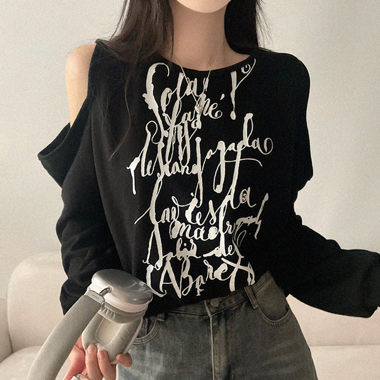 レタリングショルダースリットトレーナー BLACK