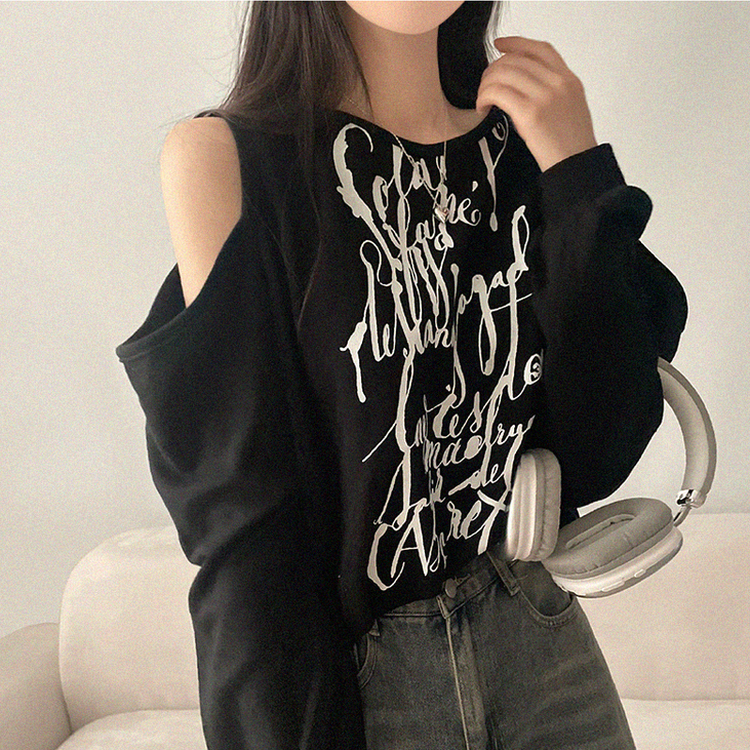 レタリングショルダースリットトレーナー BLACK