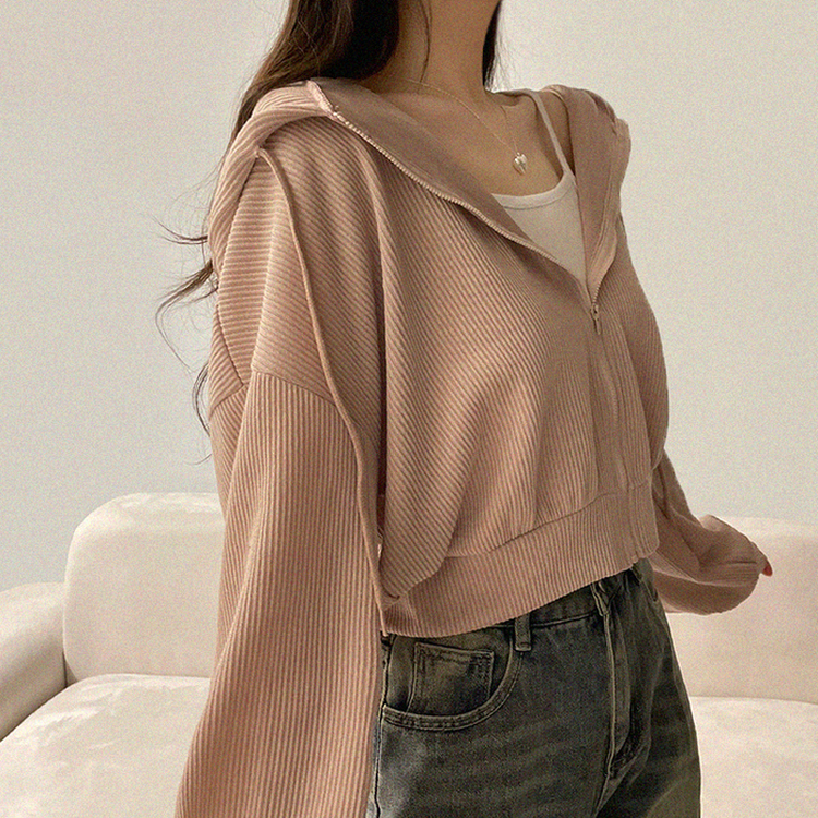 ベーシッククロップフードジップアップ BEIGE