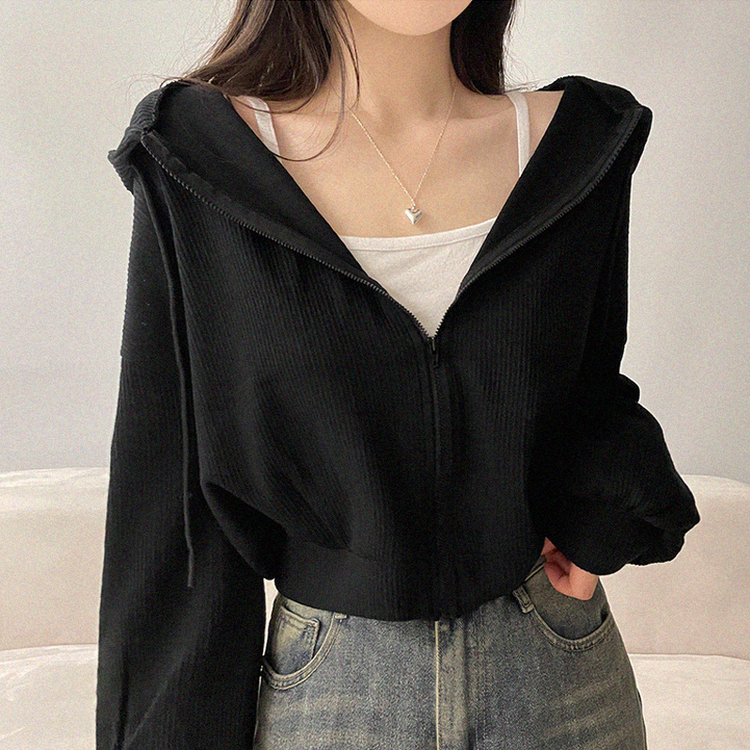 ベーシッククロップフードジップアップ BLACK