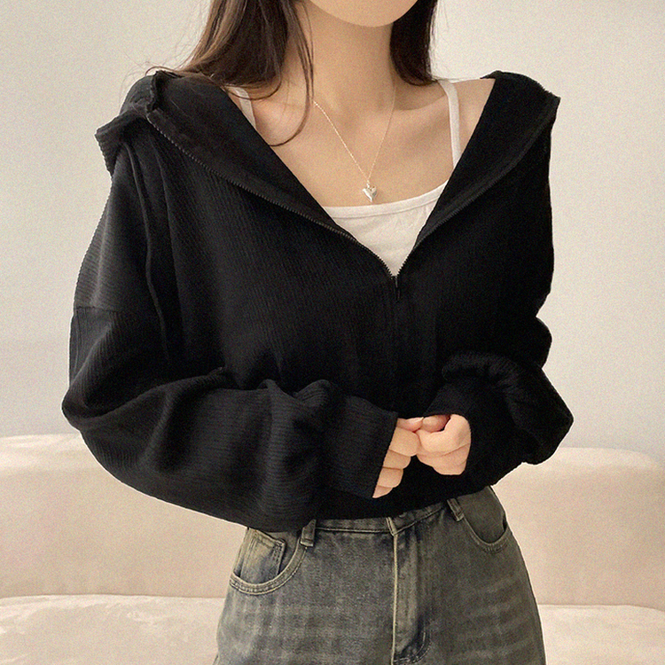 ベーシッククロップフードジップアップ BLACK