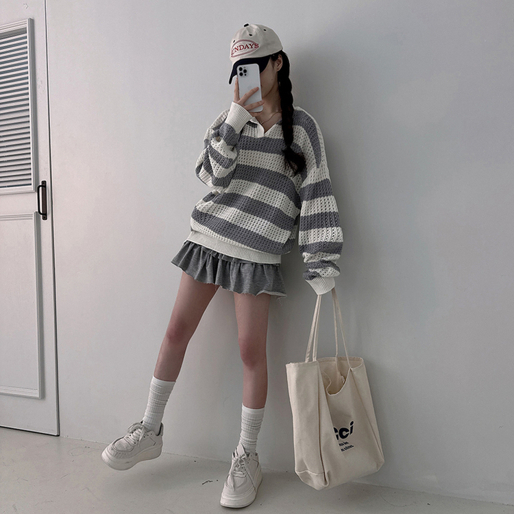 ストライプカラーパンチングニット(6color) GREY