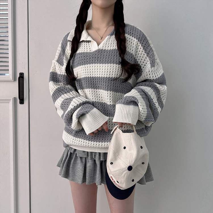ストライプカラーパンチングニット(6color) GREY