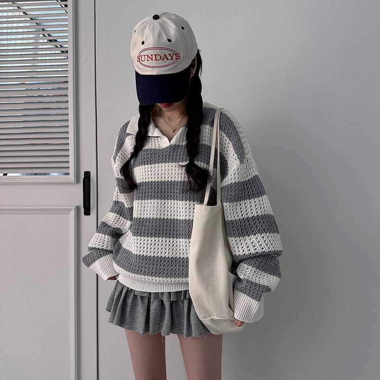 ストライプカラーパンチングニット(6color) GREY