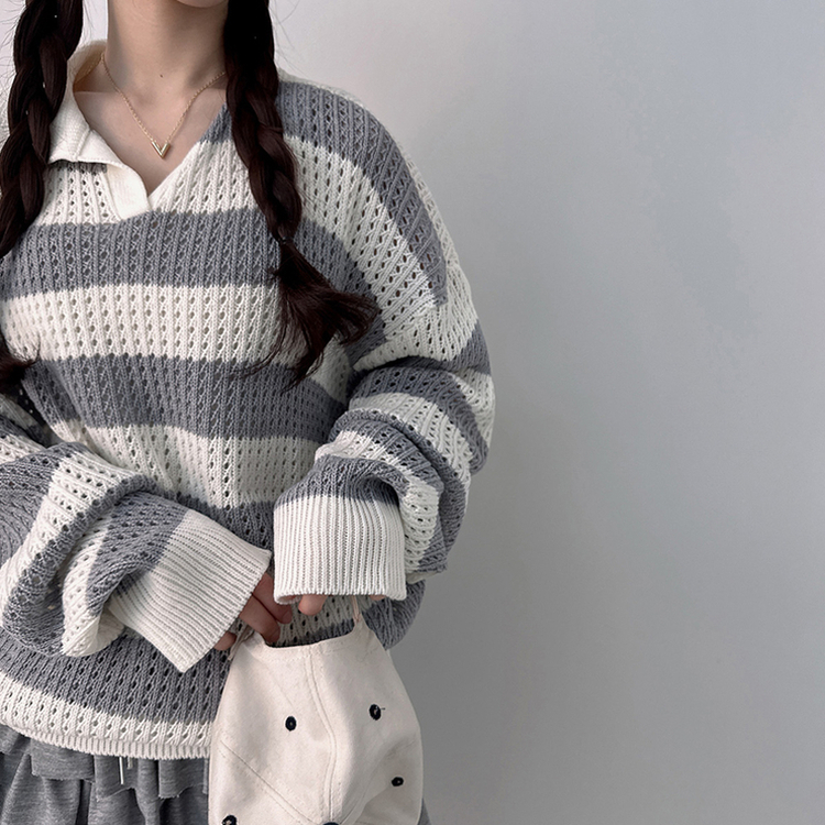 ストライプカラーパンチングニット(6color) GREY
