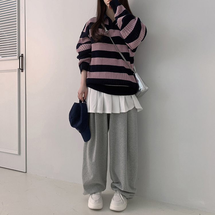 ストライプカラーパンチングニット(6color) PINK