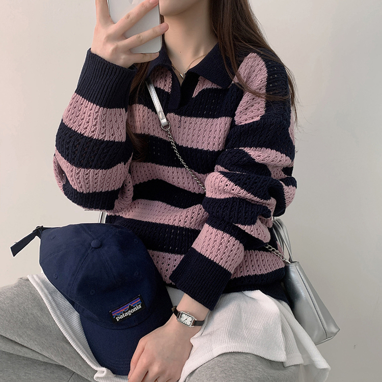 ストライプカラーパンチングニット(6color) PINK