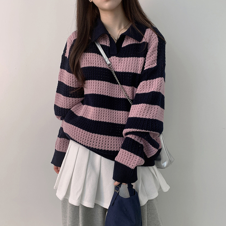 ストライプカラーパンチングニット(6color) PINK