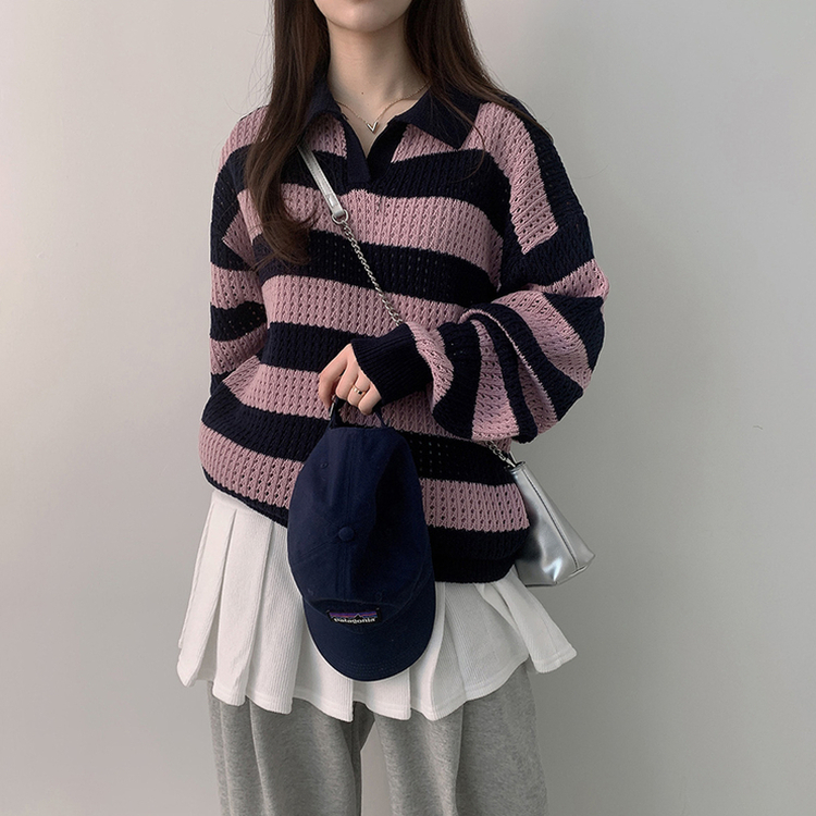 ストライプカラーパンチングニット(6color) PINK