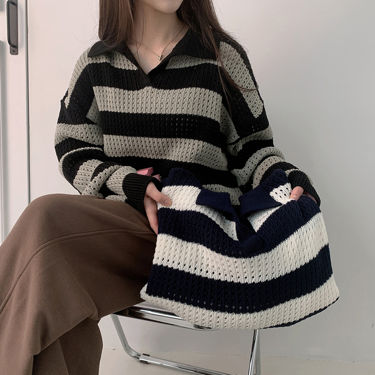 ストライプカラーパンチングニット(6color) KHAKI