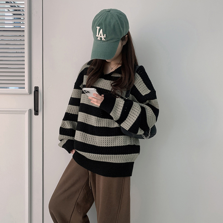 ストライプカラーパンチングニット(6color) KHAKI