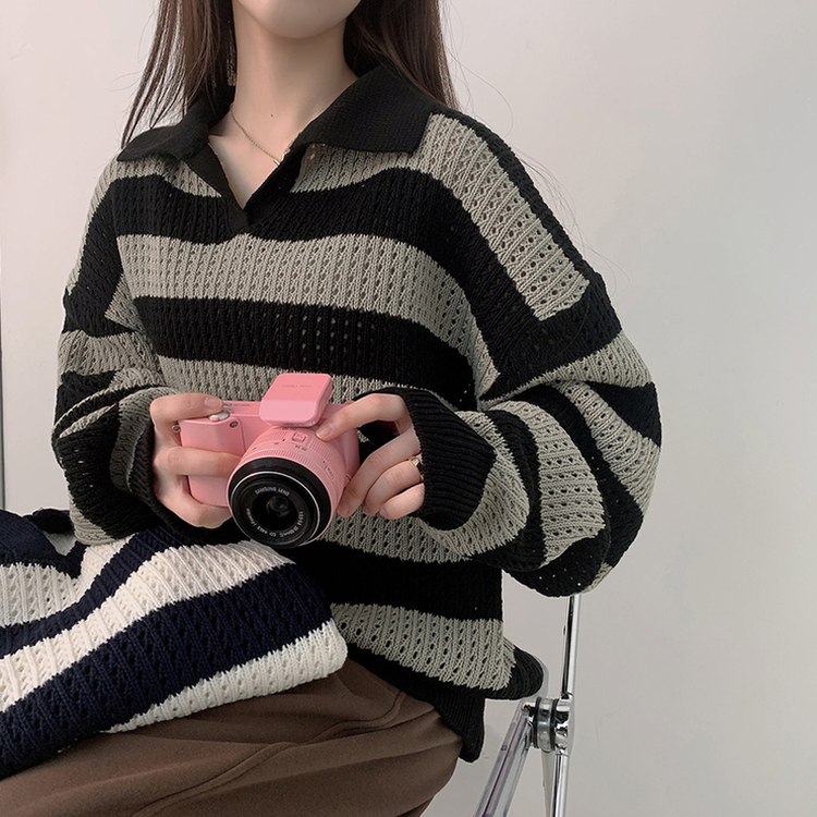 ストライプカラーパンチングニット(6color) KHAKI