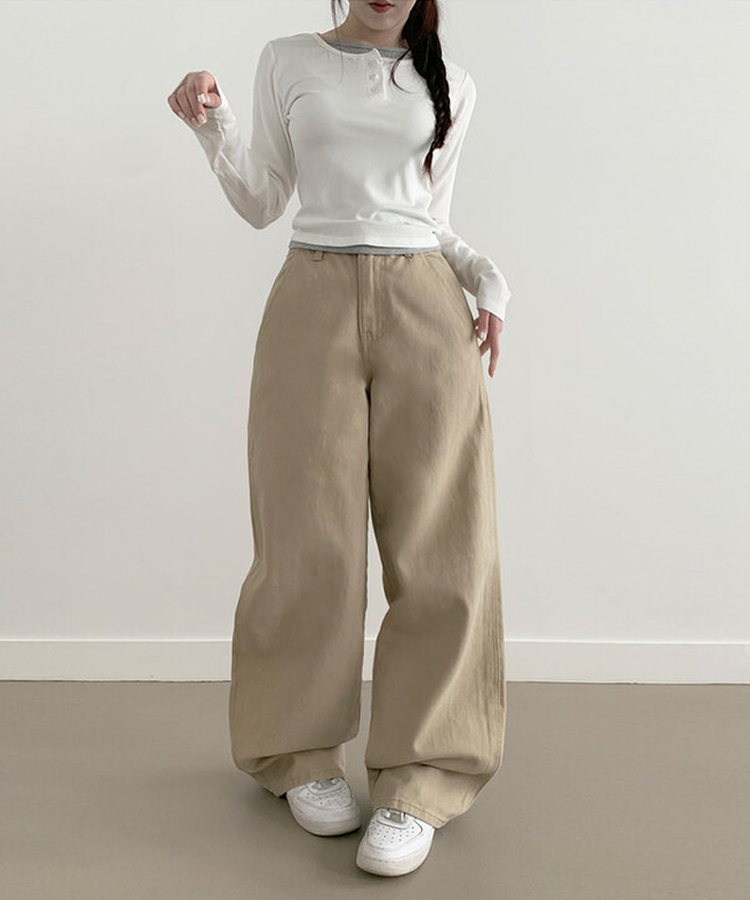 【丈別】コットンワイドハイウエストロングパンツ BEIGE