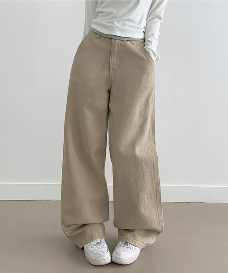 【丈別】コットンワイドハイウエストロングパンツ BEIGE