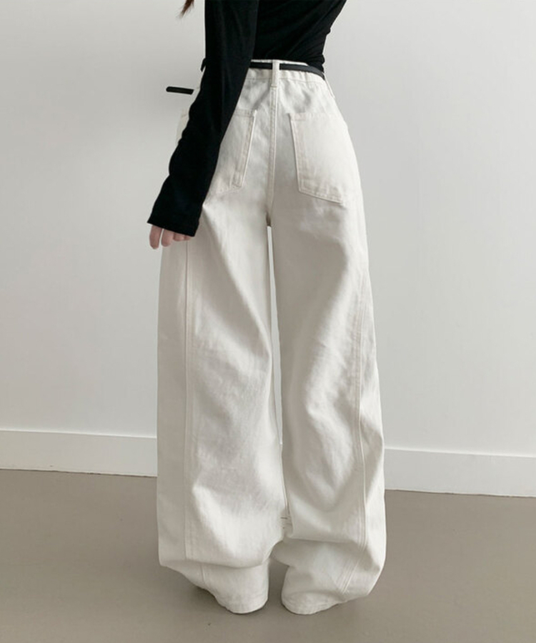 【丈別】コットンワイドハイウエストロングパンツ WHITE