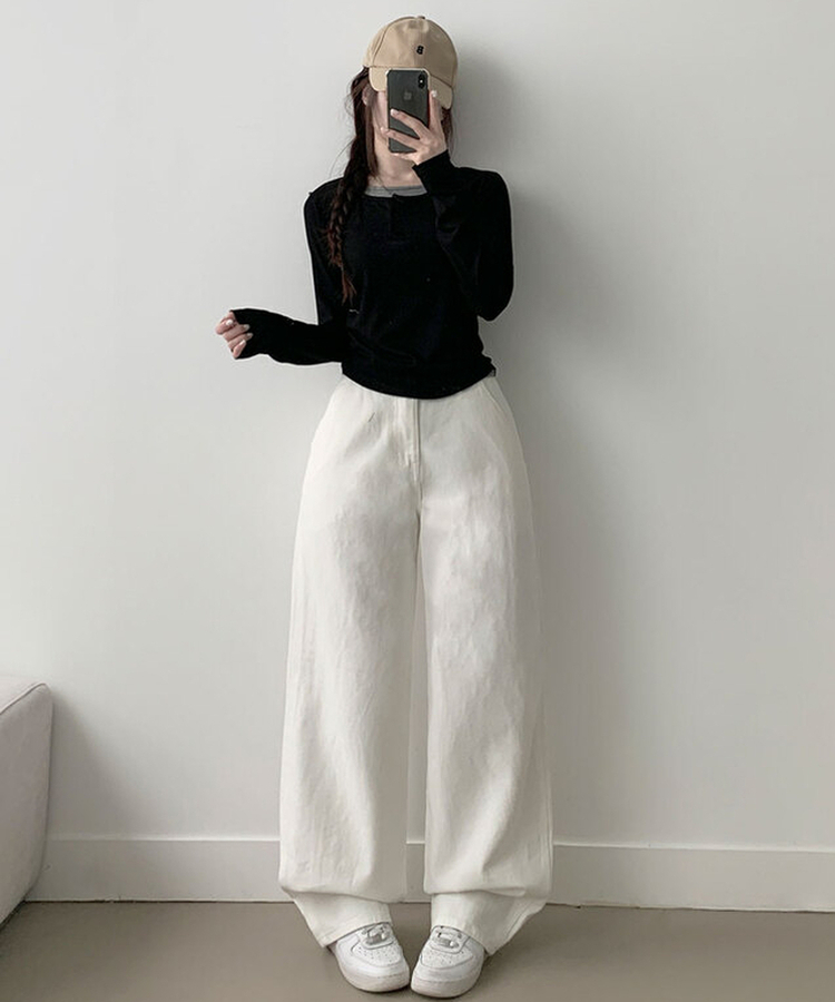 【丈別】コットンワイドハイウエストロングパンツ WHITE