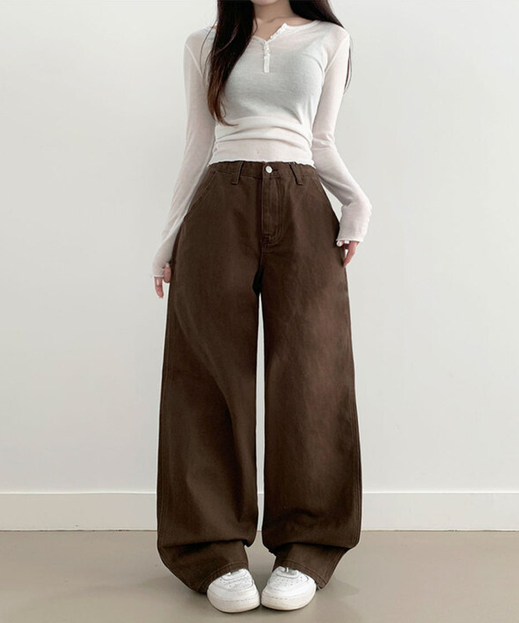 【丈別】コットンワイドハイウエストロングパンツ BROWN
