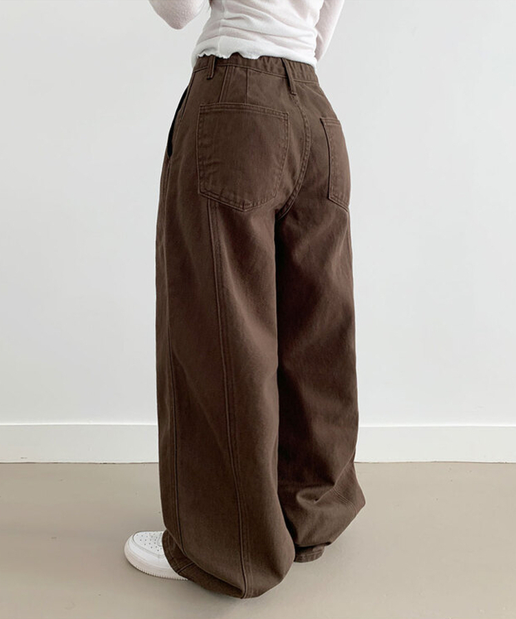 【丈別】コットンワイドハイウエストロングパンツ BROWN