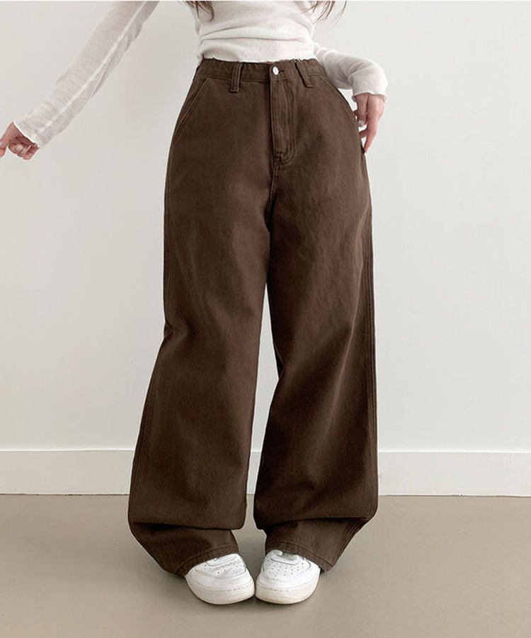 【丈別】コットンワイドハイウエストロングパンツ BROWN
