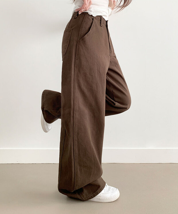 【丈別】コットンワイドハイウエストロングパンツ BROWN