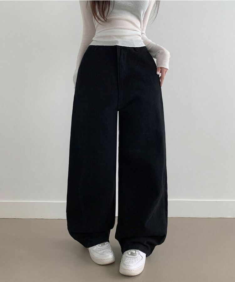 【丈別】コットンワイドハイウエストロングパンツ BLACK