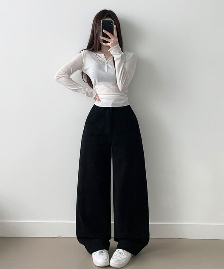 【丈別】コットンワイドハイウエストロングパンツ BLACK
