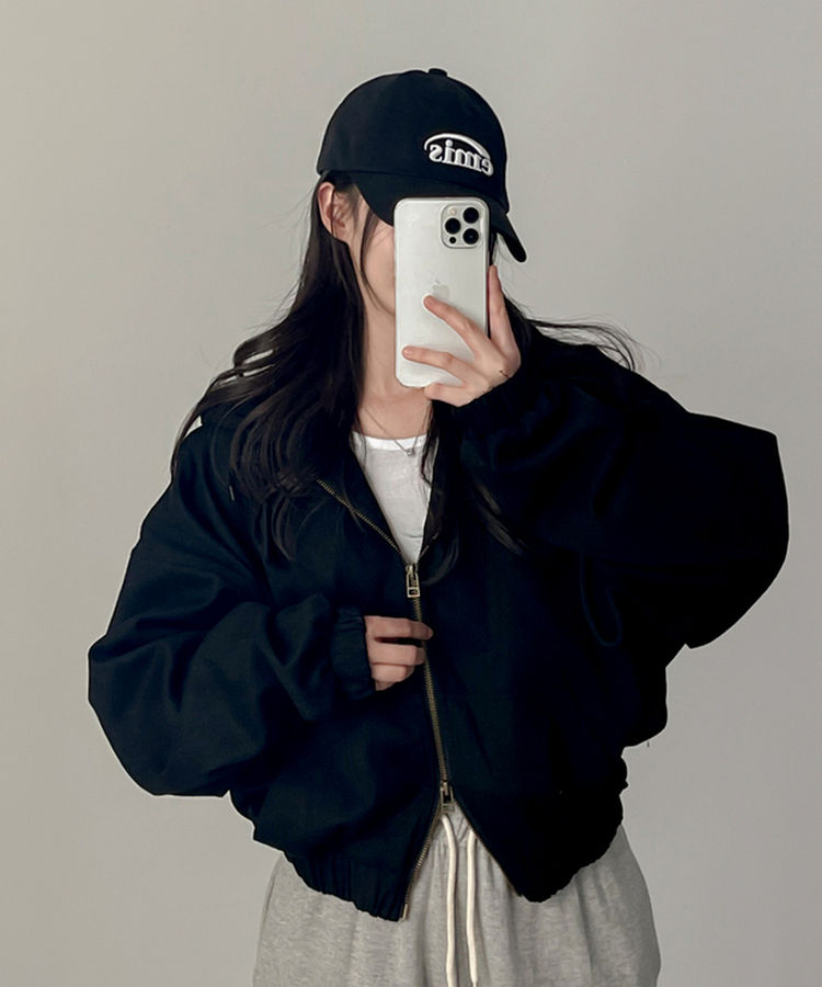 コットンクロップフードジップアップ BLACK