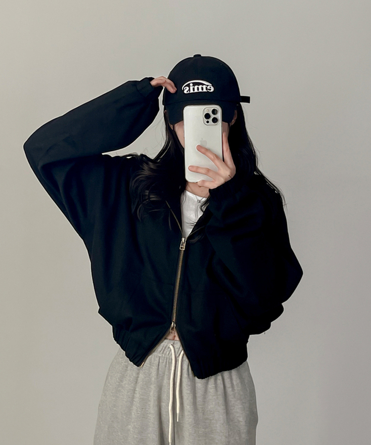 コットンクロップフードジップアップ BLACK