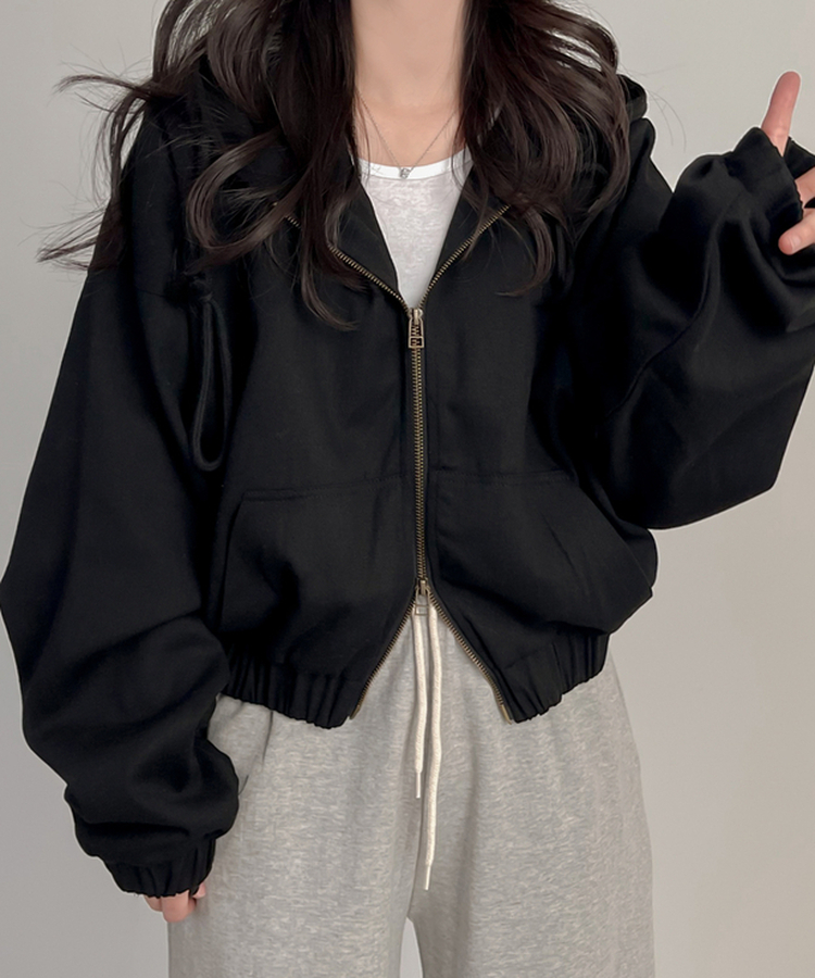 コットンクロップフードジップアップ BLACK