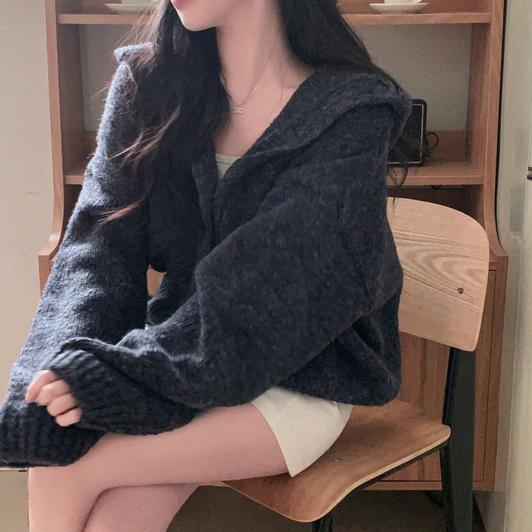 フードボタンニットカーディガン(5color) NAVY