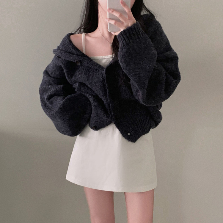 フードボタンニットカーディガン(5color) NAVY