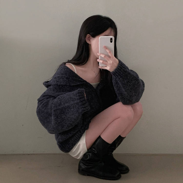 フードボタンニットカーディガン(5color) NAVY